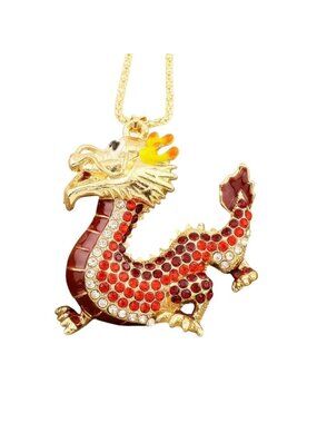 Red Chinese Style Dragon Pendant Necklace Crystals Gold Tone